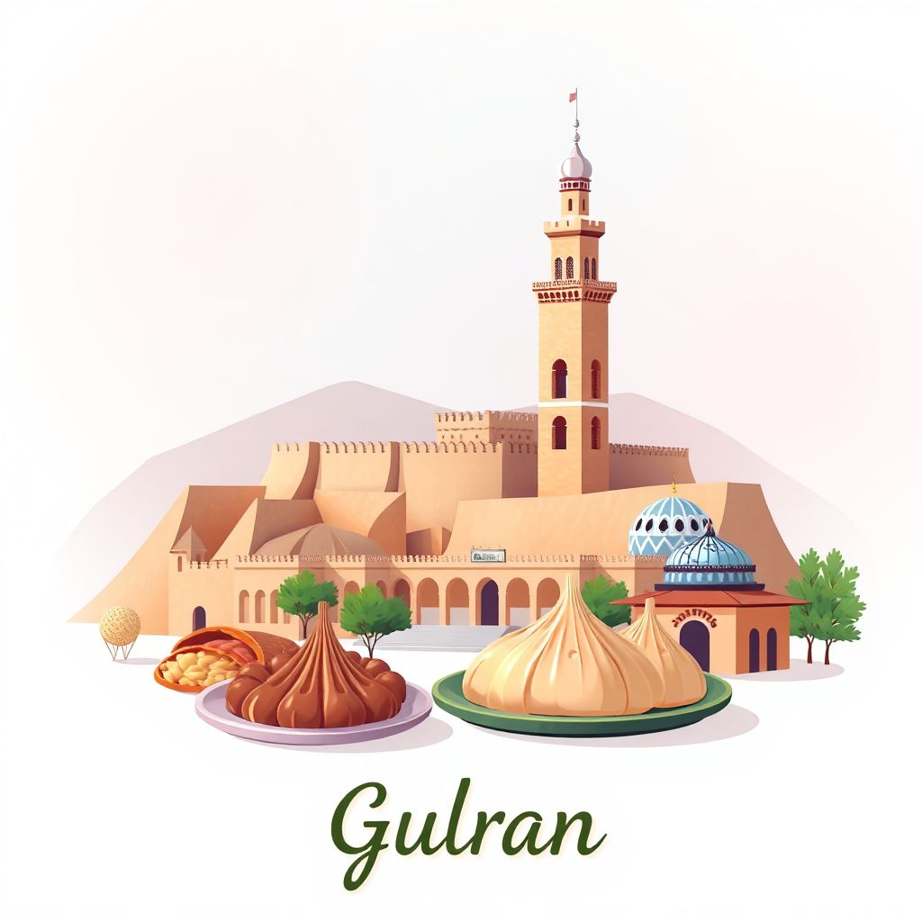 Ultra-high-definition gradient illustration style image of Gulran, featuring the Herat Citadel, the Minaret of Jam, and Mantu.