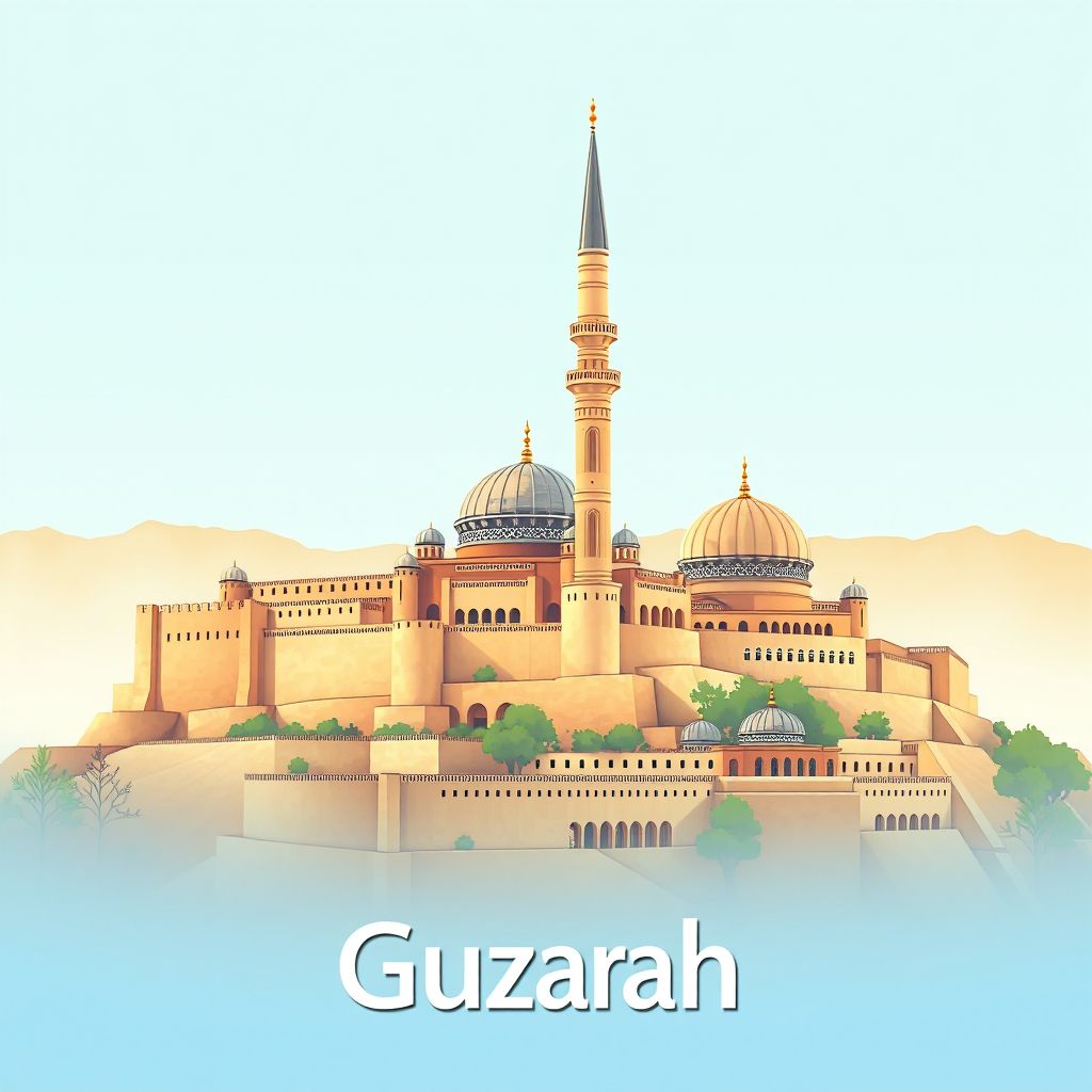 Ultra-high-definition gradient illustration style Guzarah illustration, showing the unique charm of the Citadel of Herat, the Friday Mosque, and the Minaret of Jam.