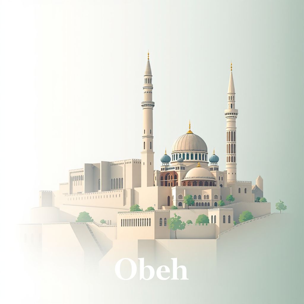 Ultra-high-definition gradient illustration style Obeh illustration, showing the unique charm of the Herat Citadel, the Friday Mosque, and the Minaret of Jam.