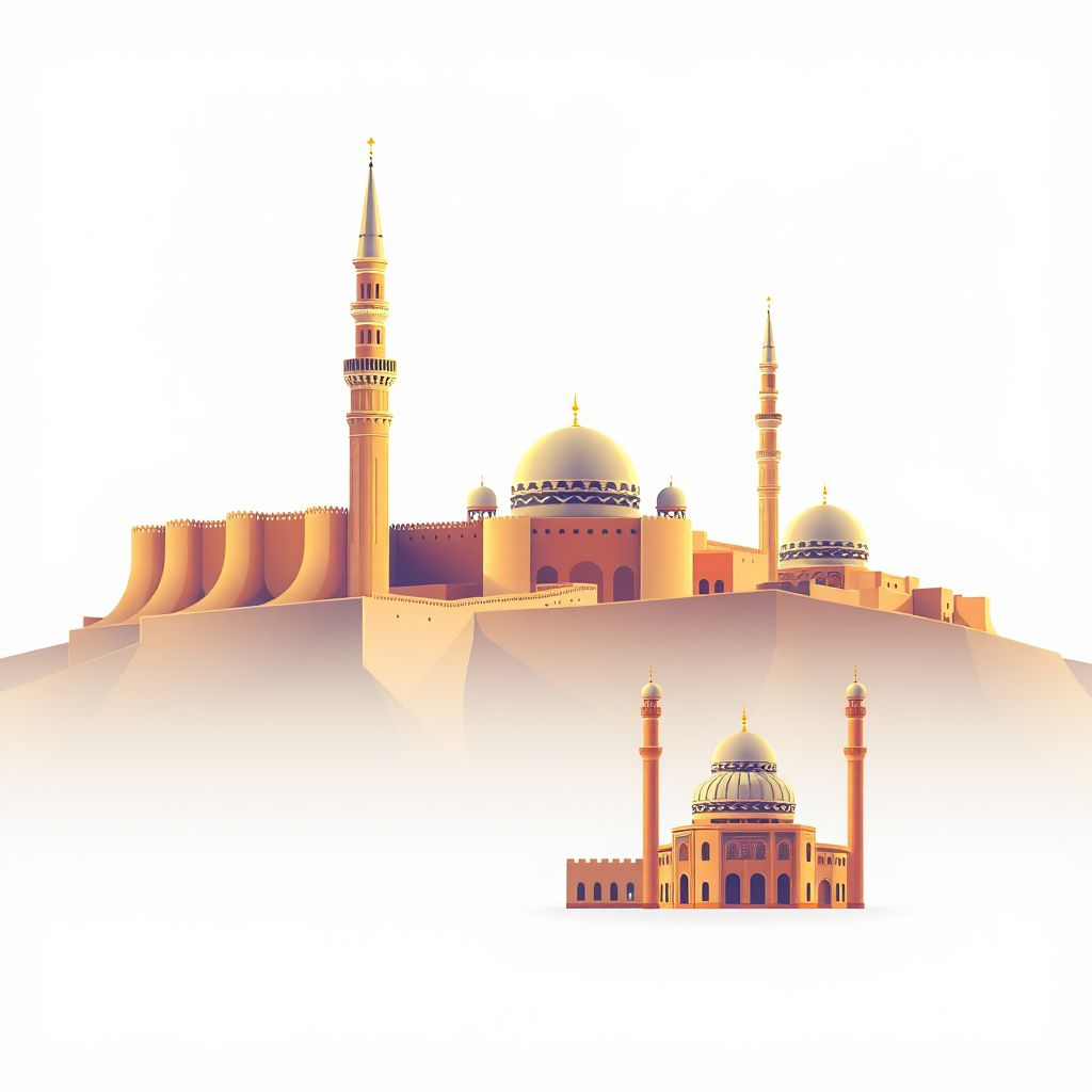 Ultra-high-definition gradient illustration style Pashtun Zarghun illustration, showing the unique charm of the Minaret of Jam, the Citadel of Herat, and the Friday Mosque.