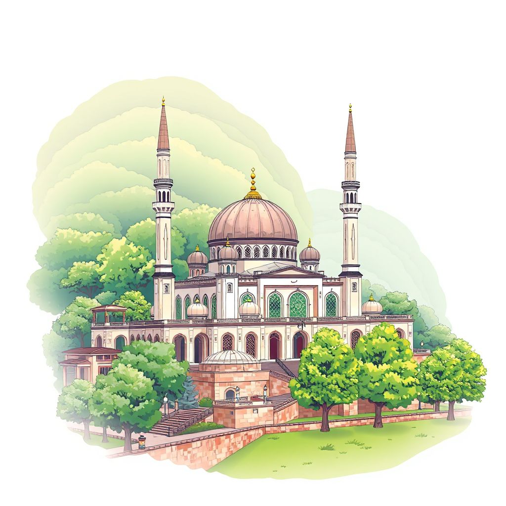 Ultra-high-definition gradient illustration style Bagrami illustration, showing the unique charm of the Bagrami Mosque and lush greenery.