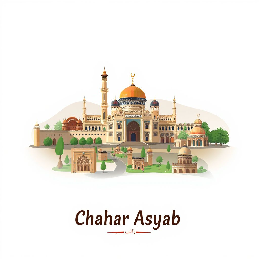 Ultra-high-definition gradient illustration style Chahar Asyab illustration, showing the unique charm of the Darul Aman Palace, the Babur Gardens, and Kabuli Pulao.