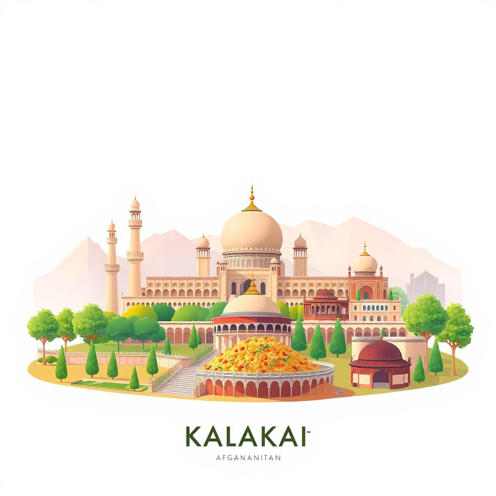 Ultra-high-definition gradient illustration style Kalakan illustration, showing the unique charm of the Darul Aman Palace, the Babur Gardens, and Kabuli Pulao.