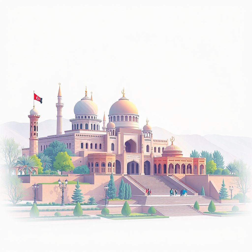 Ultra-high-definition gradient illustration style image of Khak-e Jabar, featuring the Babur Gardens and the Kabul Museum.