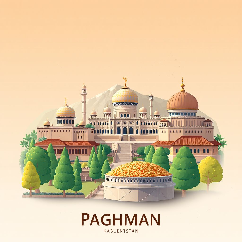 Ultra-high-definition gradient illustration style Paghman illustration, showing the unique charm of the Paghman Gardens and Kabuli Pulao.