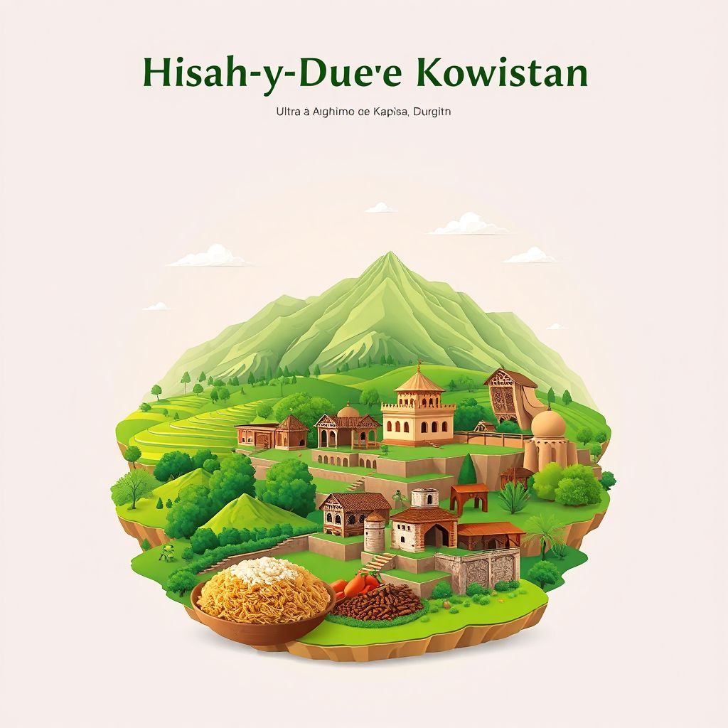 Ultra-high-definition gradient illustration of Hisah-ye Duwum-e Kohistan, featuring ancient ruins, green landscapes, and traditional Afghan cuisine.