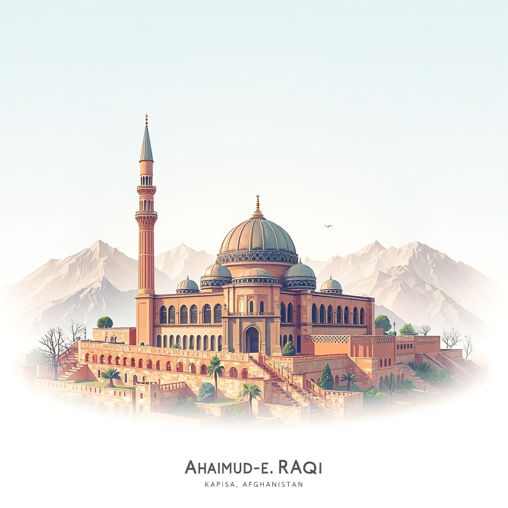 Ultra-high-definition gradient illustration style Mahmud-e Raqi image, showing the unique charm of the Mahmud-e Raqi Mosque and the surrounding mountains.