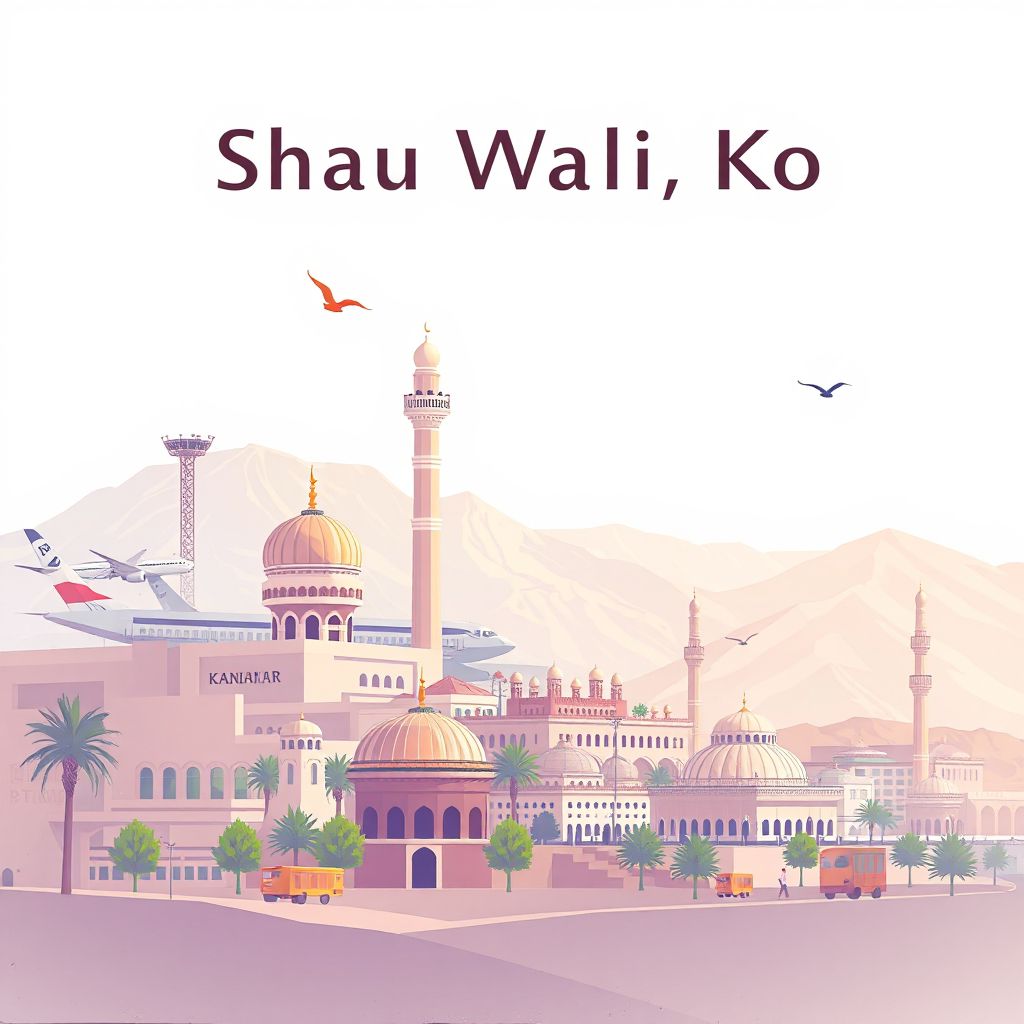 Ultra-high-definition gradient illustration style Shah Wali Kot illustration, showing the unique charm of the Kandahar International Airport, the Minaret of Jam, and Kabuli Pulao.