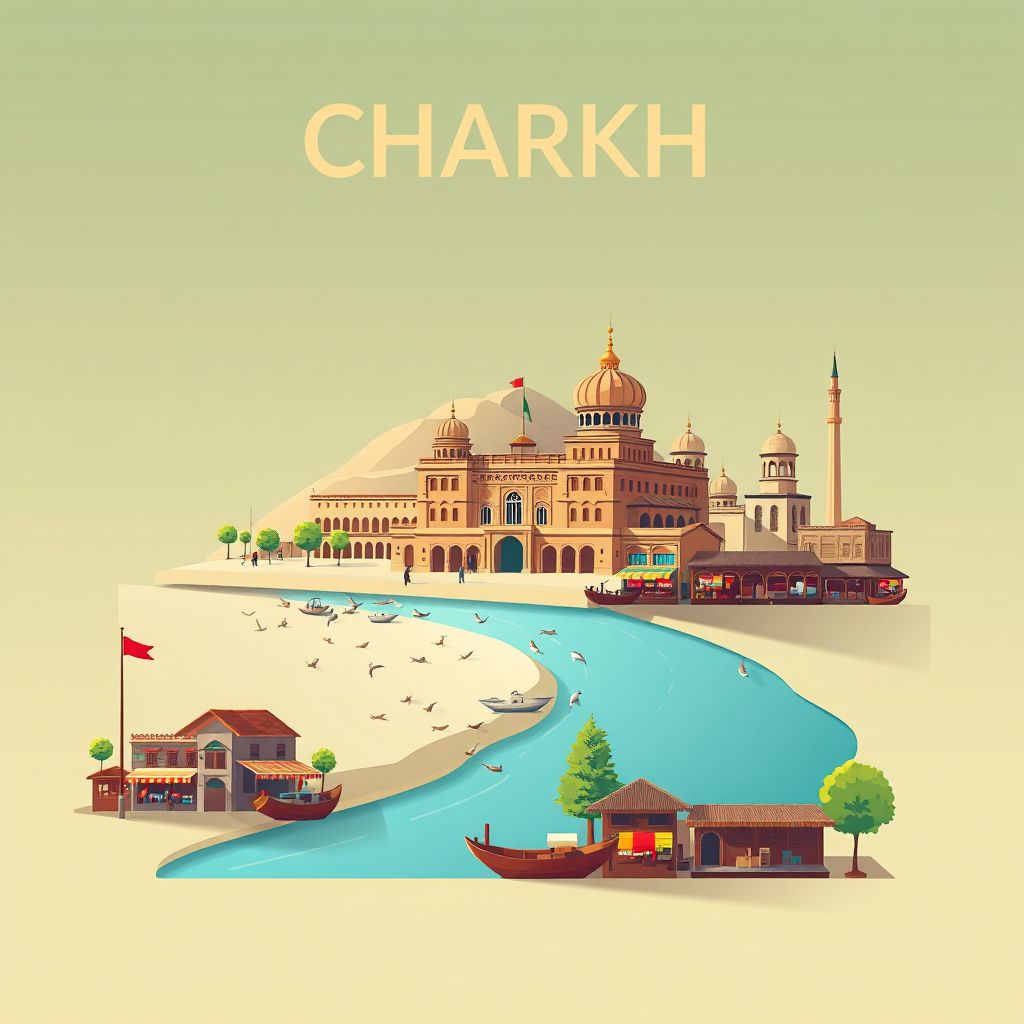 Ultra-high-definition gradient illustration style Charkh illustration, showing the unique charm of the Charkh District Center, the Logar River, and the traditional Afghan bazaar.