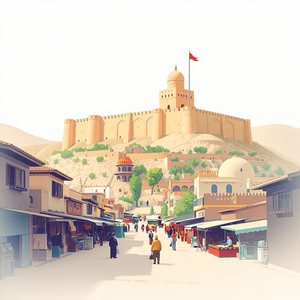 Ultra-high-definition gradient illustration style Pul-e 'Alam illustration, showing the unique charm of the Logar Fortress and the local bazaar.