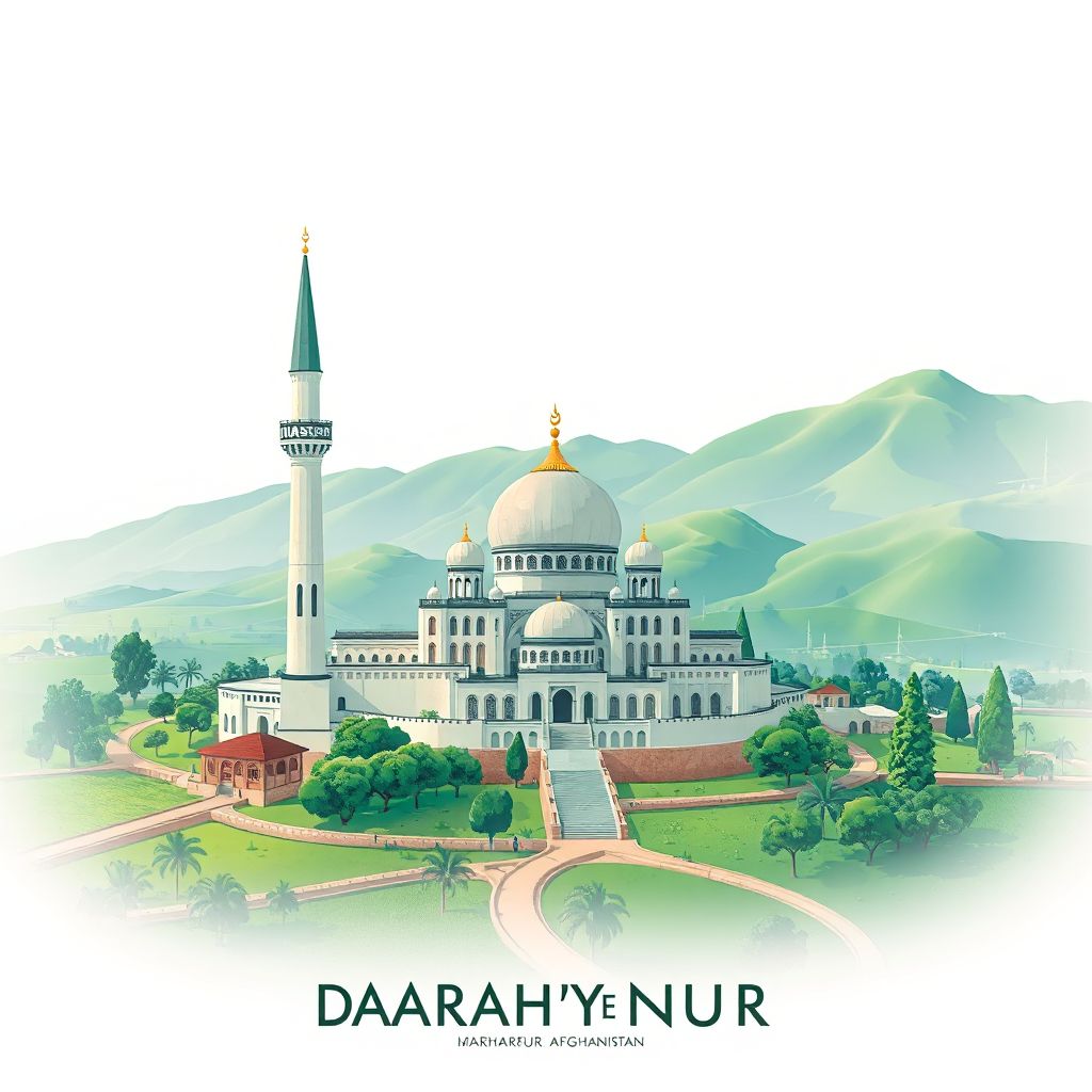 Ultra-high-definition gradient illustration style Darah-ye Nur illustration, showing the unique charm of the Darah-ye Nur Mosque and lush green fields.