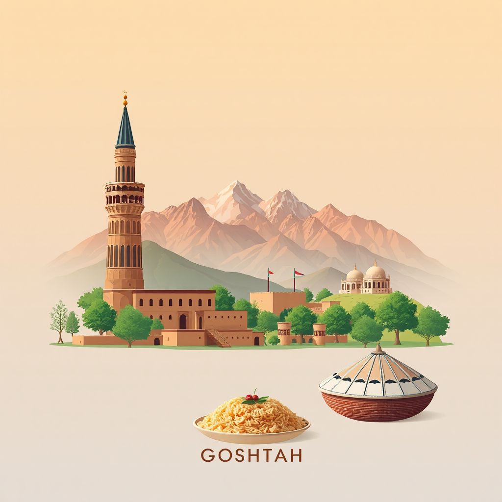 Ultra-high-definition gradient illustration style Goshtah illustration, showing the unique charm of the Minaret of Jam, the Tora Bora Mountains, and Kabuli Pulao.