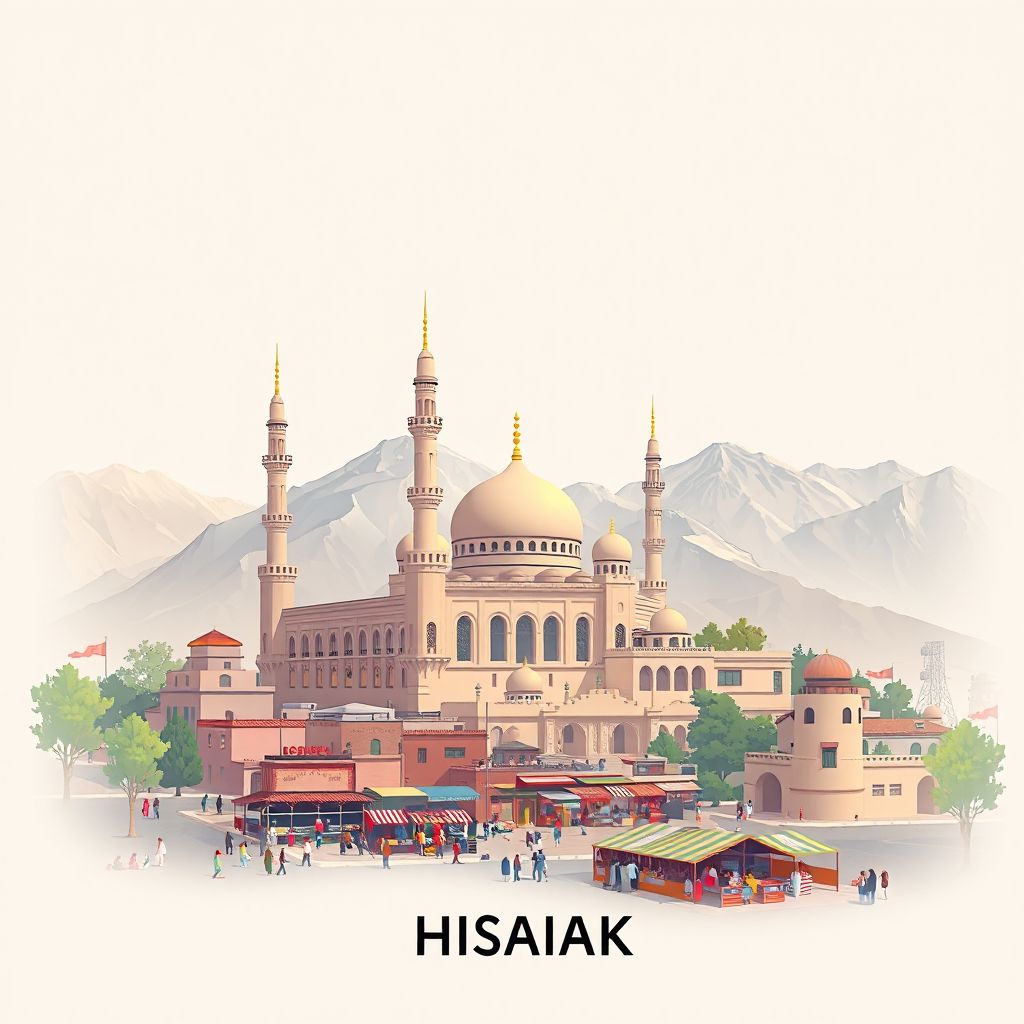 Ultra-high-definition gradient illustration style Hisarak illustration, showing the unique charm of the Hisarak Mosque, the local bazaar, and the surrounding mountains.