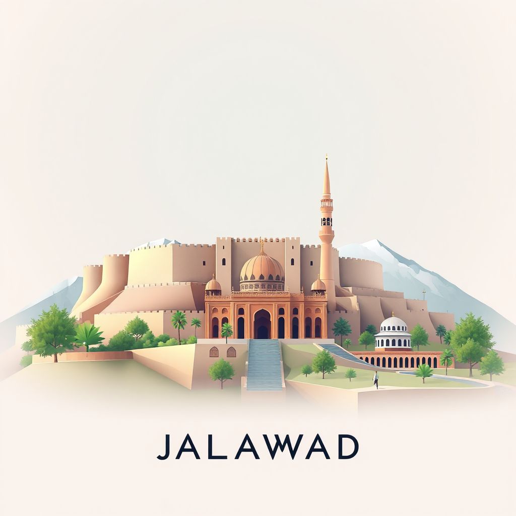 Ultra-high-definition gradient illustration style Jalalabad illustration, showing the unique charm of the Jalalabad Fort and the Khwaja Sabz Posh Shrine.