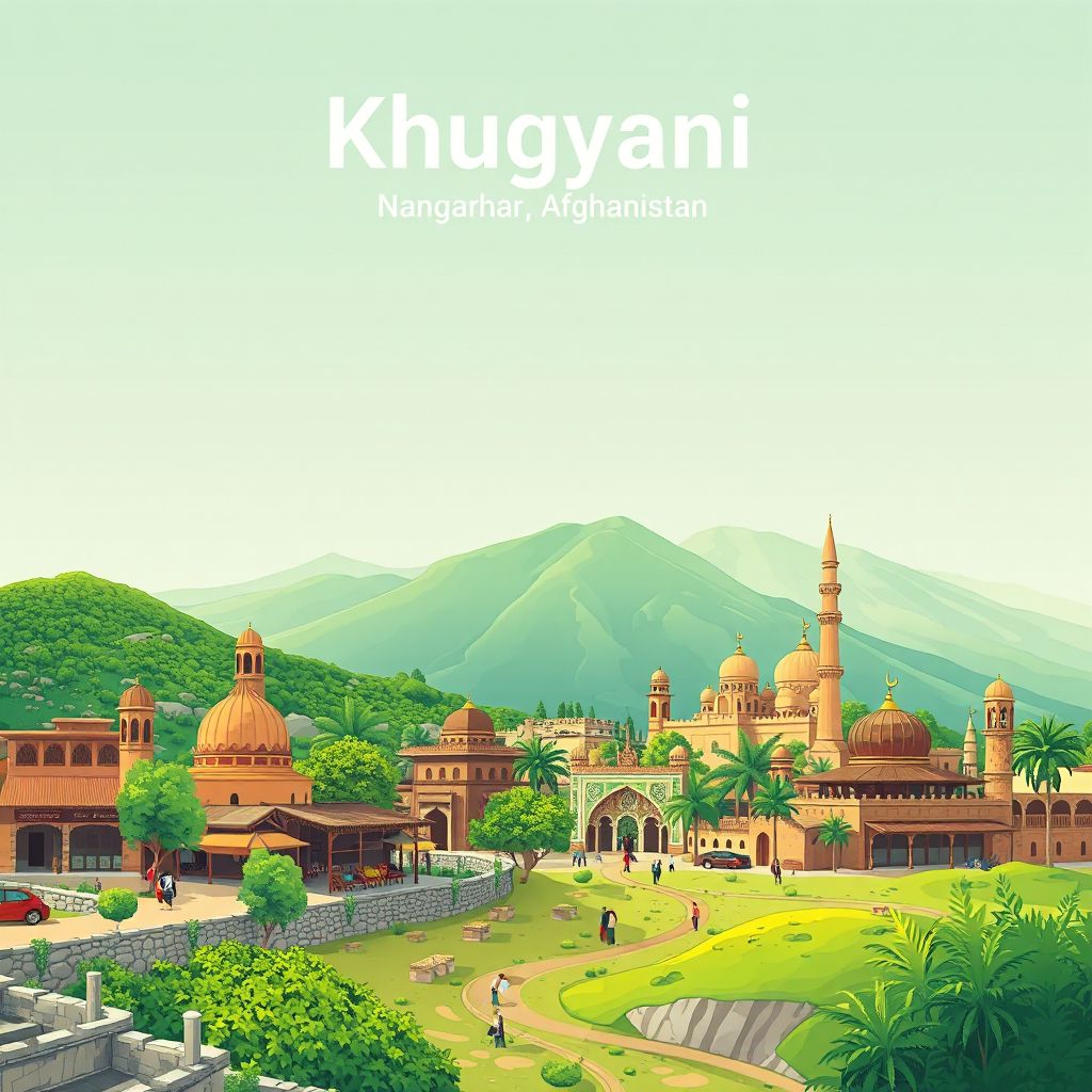 Ultra-high-definition gradient illustration style Khugyani illustration, showing the unique charm of the Khugyani Bazaar, lush green landscapes.