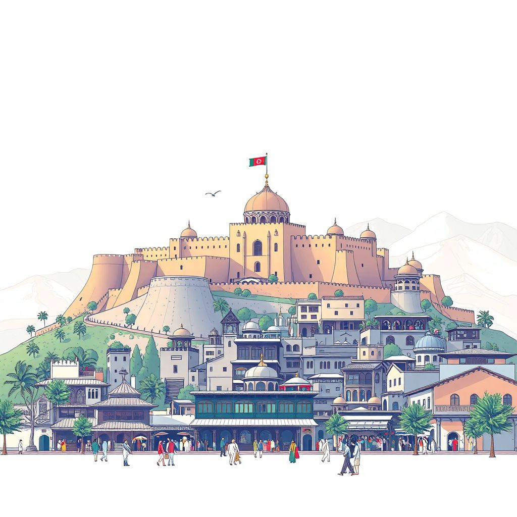 Ultra-high-definition gradient illustration style La'lpur illustration, showing the unique charm of the historic Jalalabad Fort, the bustling La'lpur Bazaar, and the scenic Tangi Valley.