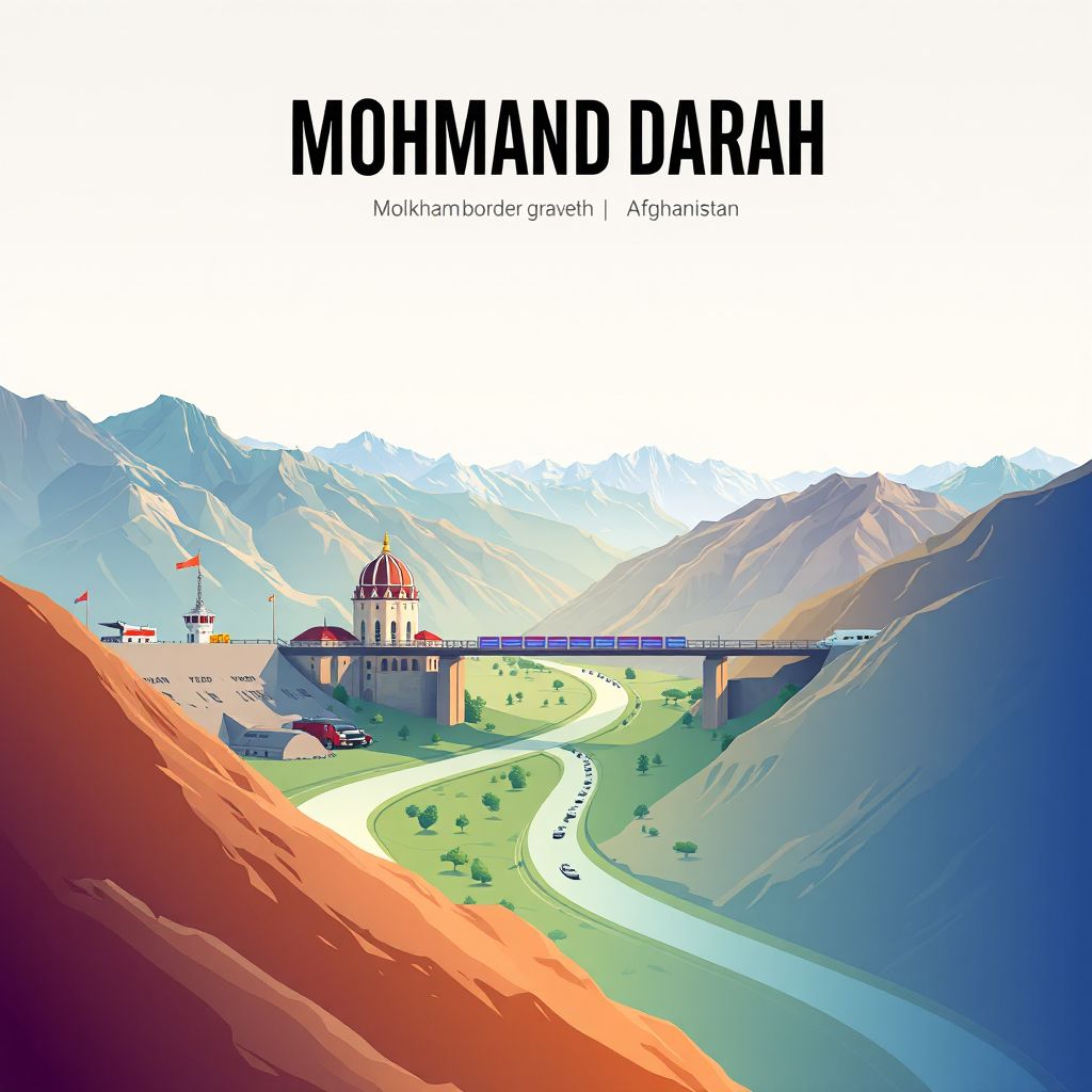 Ultra-high-definition gradient illustration style Mohmand Darah illustration, showing the unique charm of the Torkham Border Crossing and the surrounding mountains.