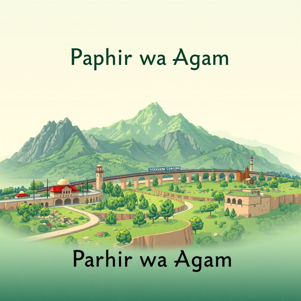 Ultra-high-definition gradient illustration style Pachir wa Agam illustration, showing the unique charm of the Torkham Border Crossing and lush green landscapes.