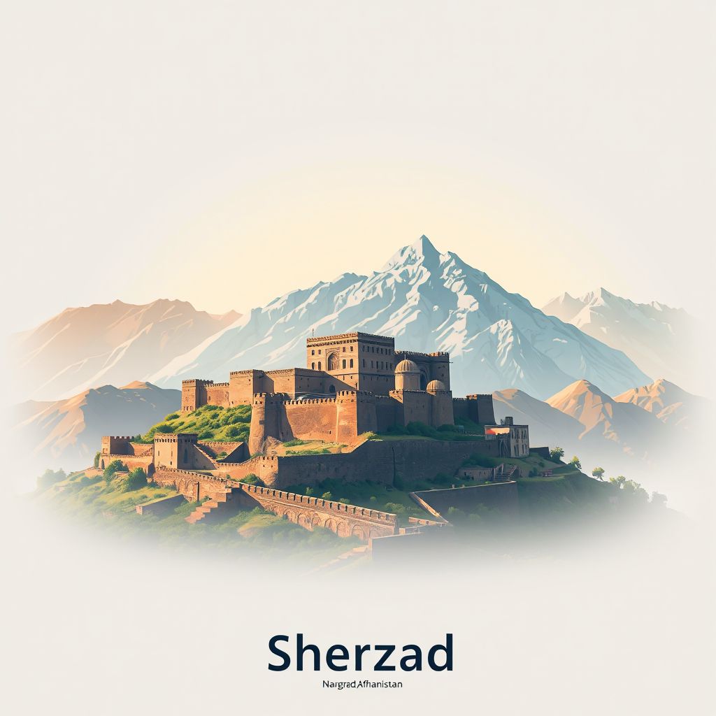 Ultra-high-definition gradient illustration style Sherzad illustration, showing the unique charm of the Sherzad Fort and the surrounding mountains.