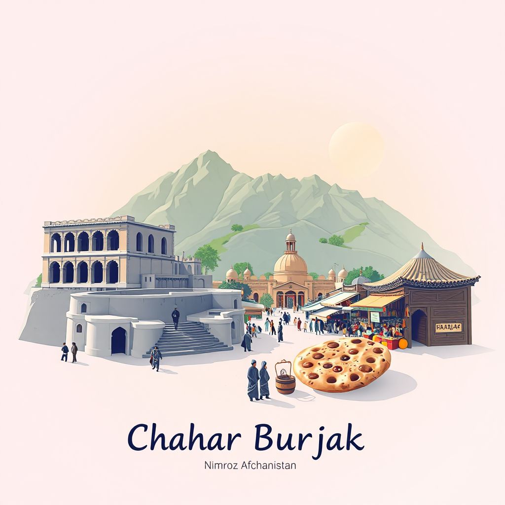 Ultra-high-definition gradient illustration style Chahar Burjak illustration, showing the unique charm of the ancient ruins of Delbarjin, the bustling Chahar Burjak Bazaar.