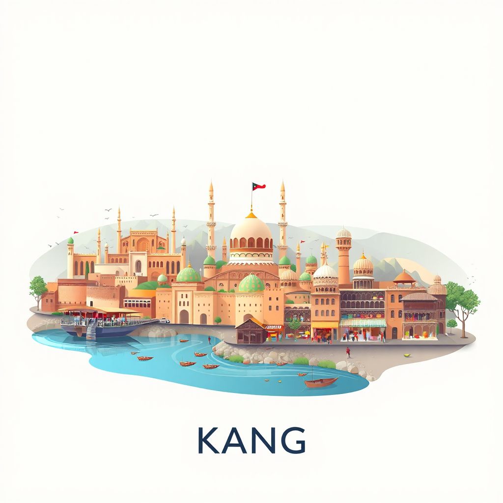 Ultra-high-definition gradient illustration style Kang illustration, showing the unique charm of the ancient city of Zaranj, the Nimroz River, and the local bazaars.