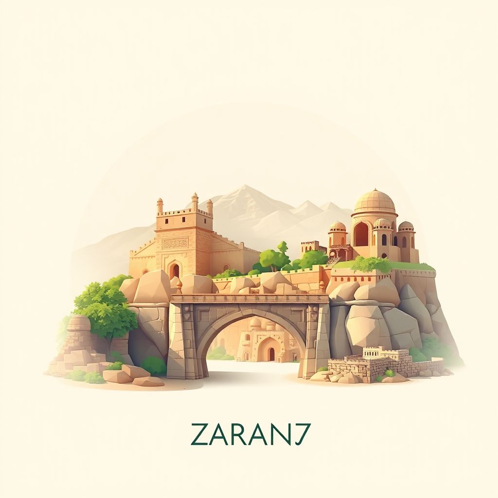 Ultra-high-definition gradient illustration style Zaranj illustration, showing the unique charm of the Zaranj Bridge, and the ancient ruins of Zaranj.