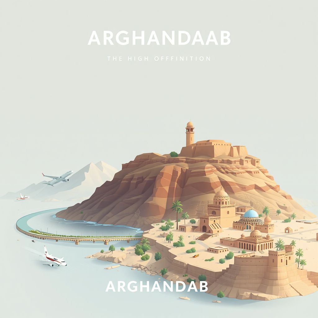 Ultra-high-definition gradient illustration style Arghandab illustration, showing the unique charm of the Arghandab River, the Kandahar International Airport, and the ancient ruins of Old Kandahar.