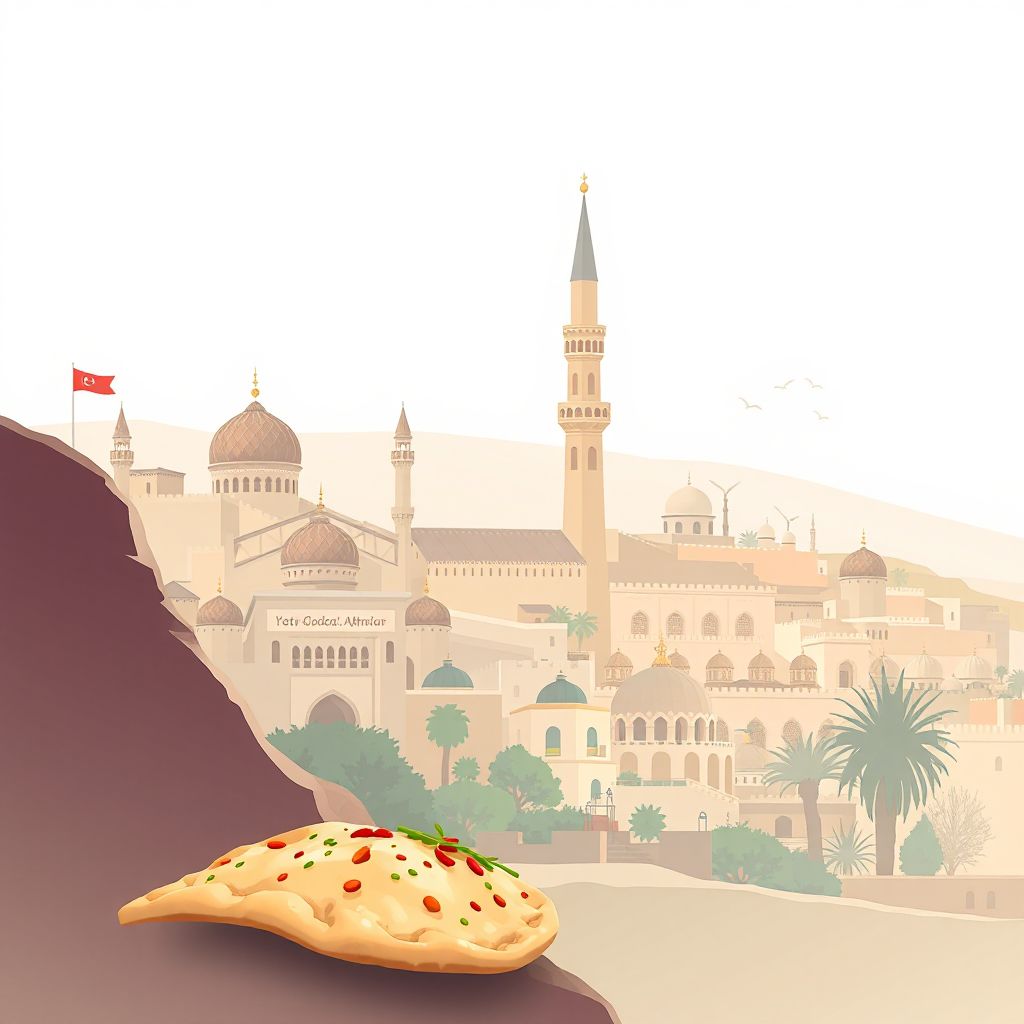 Ultra-high-definition gradient illustration style Kandahar illustration, showing the unique charm of the Old City of Kandahar, the Shrine of the Cloak, the Minaret of Jam.
