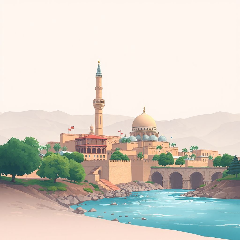 Ultra-high-definition gradient illustration style Khakrez illustration, showing the unique charm of the Minaret of Jam and the Arghandab River.