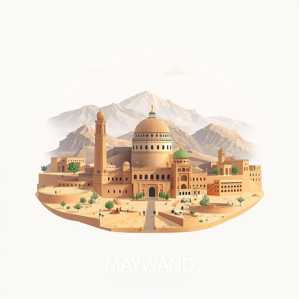 Ultra-high-definition gradient illustration style Maywand illustration, showing the unique charm of the Maywand District Center, the surrounding desert landscapes, and traditional Afghan architecture.