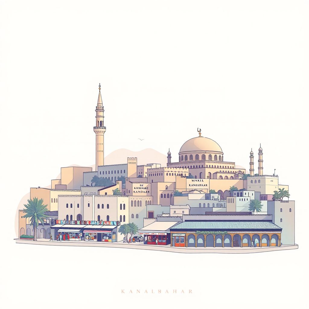 Ultra-high-definition gradient illustration style Kandahar illustration, showing the unique charm of the Minaret of Jam, the Old City of Kandahar, and the Kandahar Bazaar.