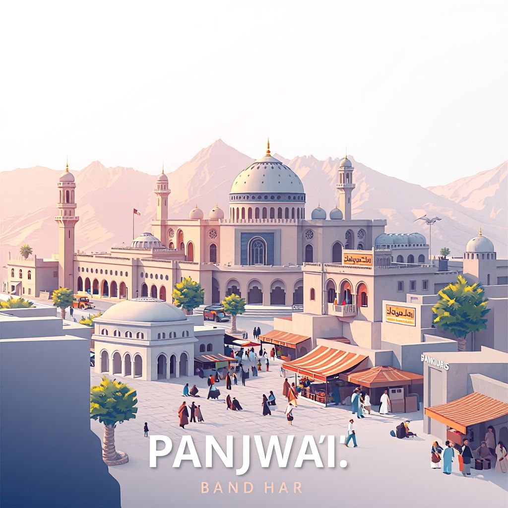 Ultra-high-definition gradient illustration style Panjwa'i illustration, showing the unique charm of the Panjwa'i District Center and the local bazaar.