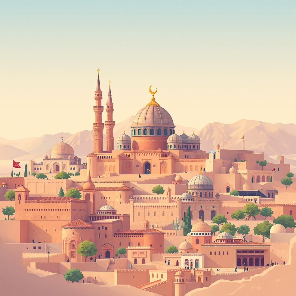Ultra-high-definition gradient illustration style Kandahar illustration, showing the unique charm of the Old City of Kandahar and the Shrine of the Cloak of the Prophet Muhammad.