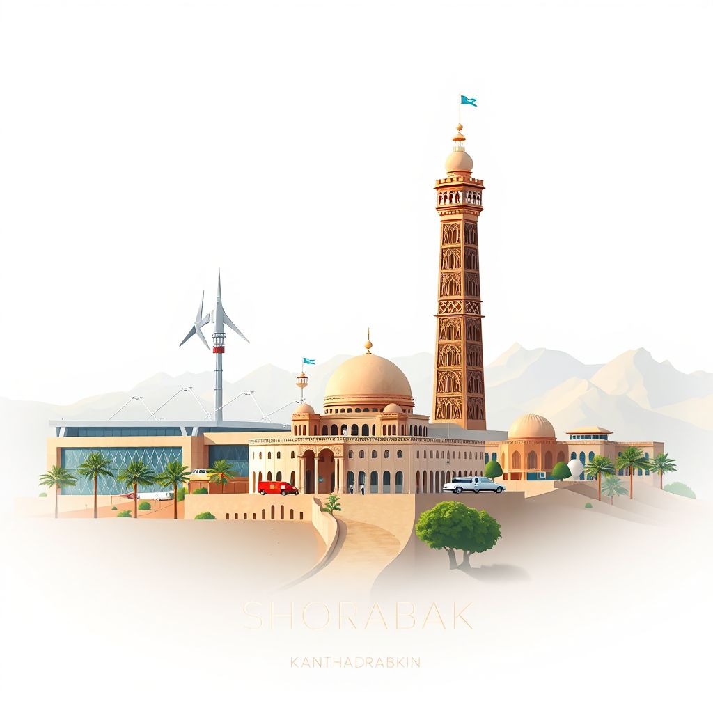 Ultra-high-definition gradient illustration style Shorabak illustration, showing the unique charm of the Kandahar International Airport and the Minaret of Jam.