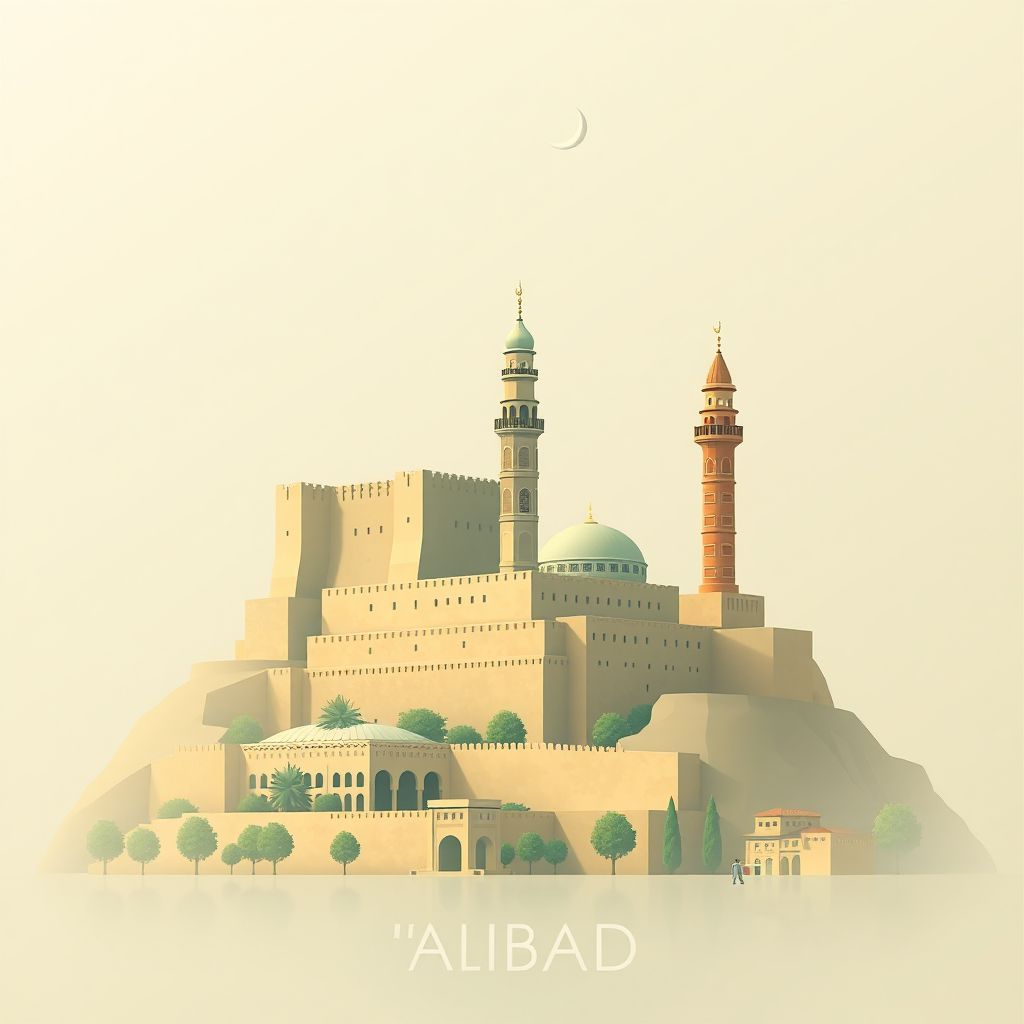 Ultra-high-definition gradient illustration style 'Aliabad image, showing the unique charm of the Kunduz Fortress and the Minaret of Jam.