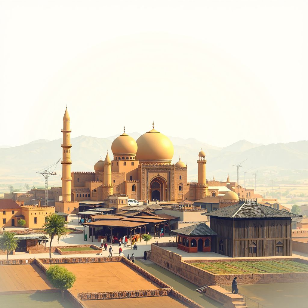 Ultra-high-definition gradient illustration style Khanabad illustration, showing the unique charm of the Khanabad Bazaar and agricultural landscapes.