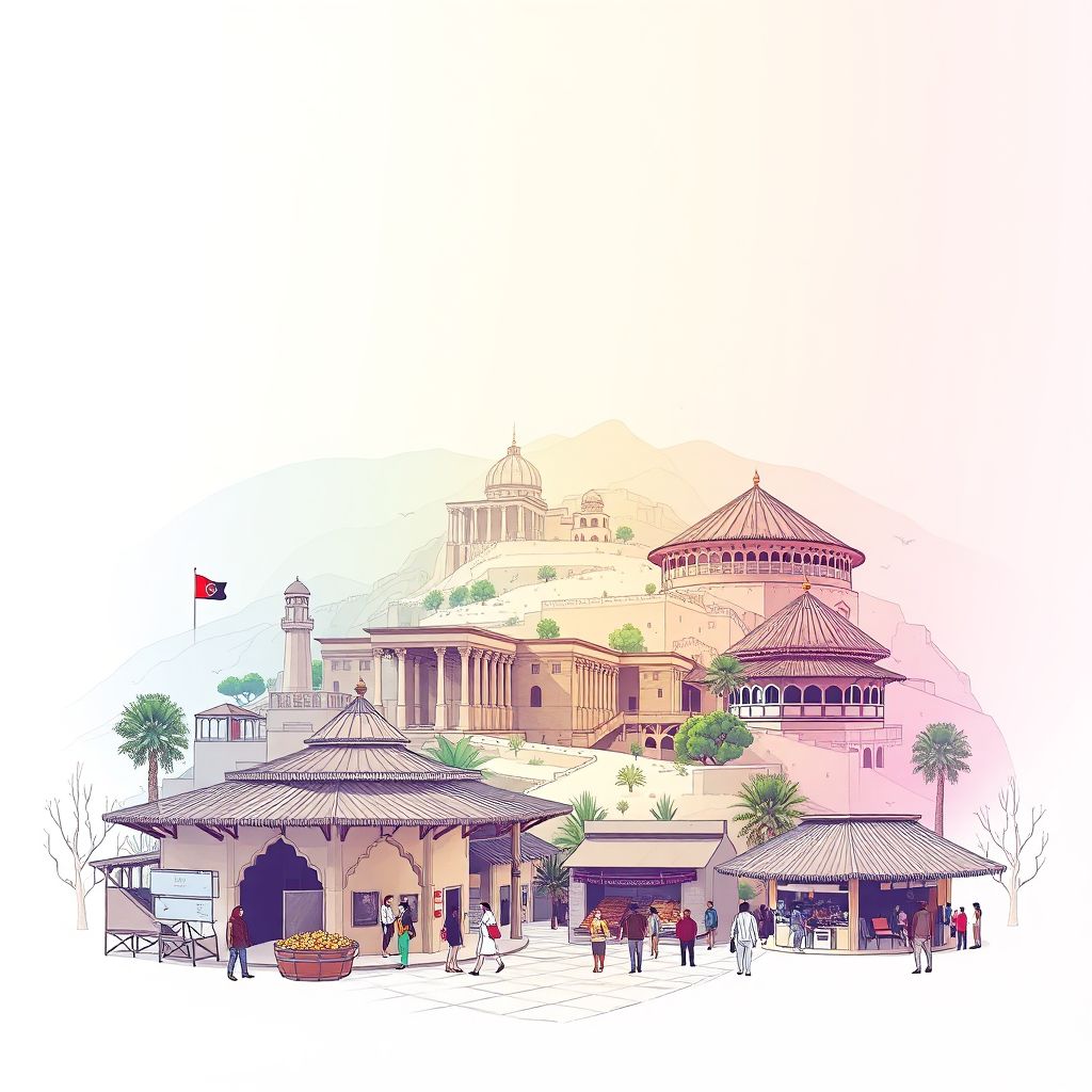Ultra-high-definition gradient illustration style Hazar Sumuch illustration, showing the unique charm of the ancient ruins of Takhar, the local bazaar, and Kabuli Pulao.