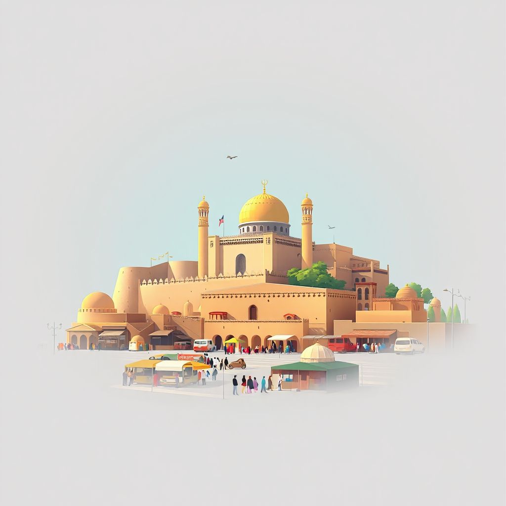 Ultra-high-definition gradient illustration style image of Khwajah Bahawuddin, showing the unique charm of the Takhar Citadel and the local bazaar.