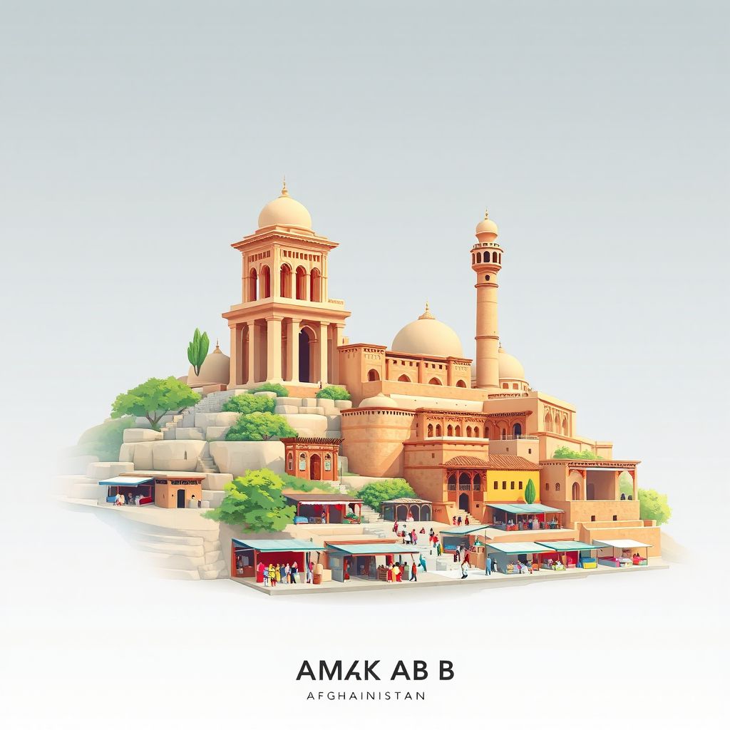 Ultra-high-definition gradient illustration style image of Namak Ab, Takhar, Afghanistan, featuring ancient ruins and a local bazaar.