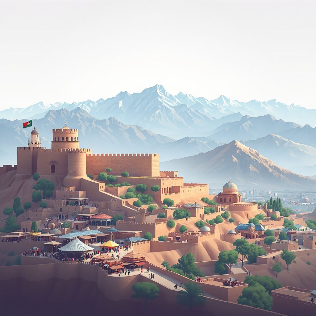 Ultra-high-definition gradient illustration of Taluqan, Takhar, Afghanistan, featuring ancient city walls and bustling bazaars.