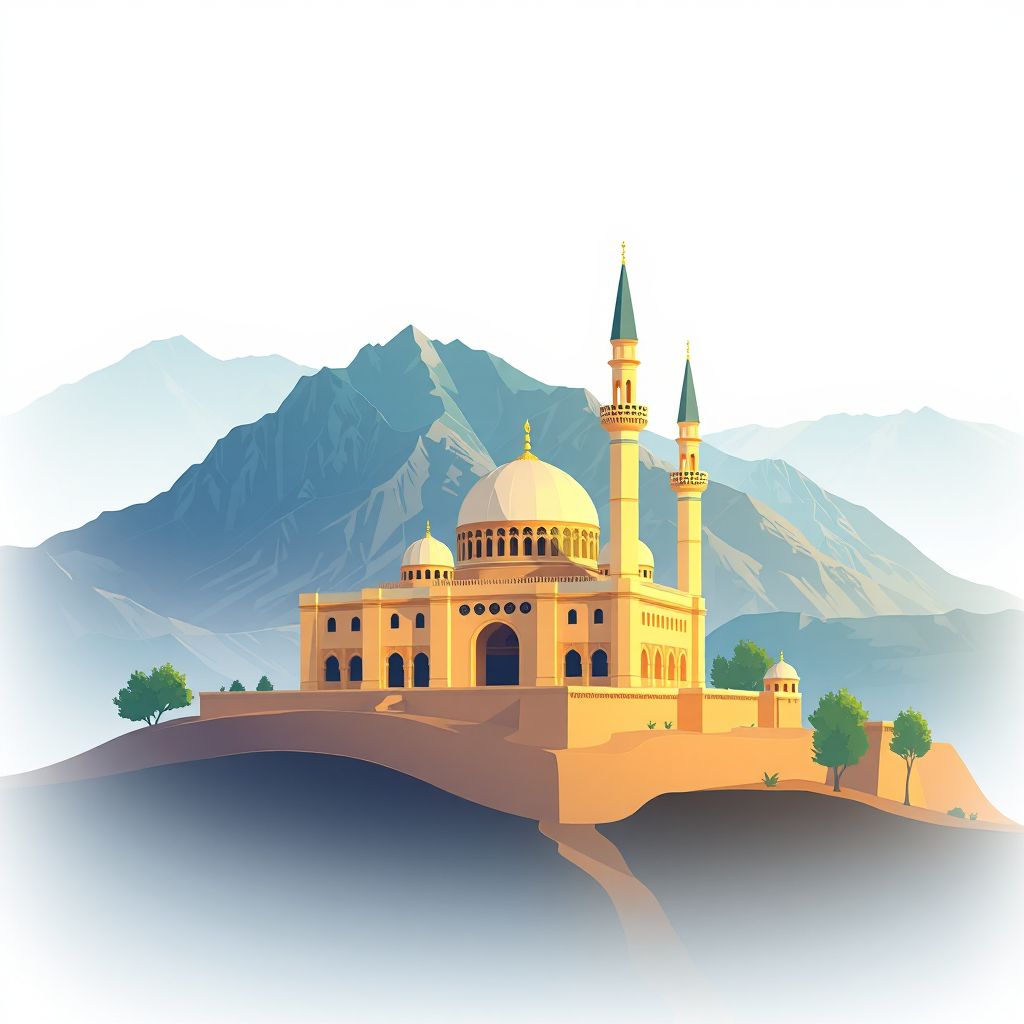 Ultra-high-definition gradient illustration style image of Chak-e Wardak, featuring the Chak-e Wardak Mosque and surrounding mountains.