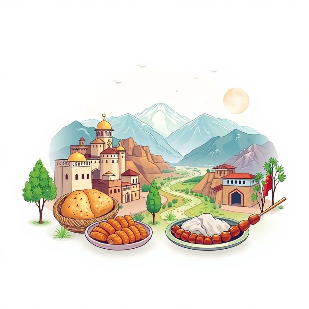 Ultra-high-definition gradient illustration style Hisah-ye Awal-e Bihsud illustration, showing the unique charm of the Bihsud Valley and local cuisine.