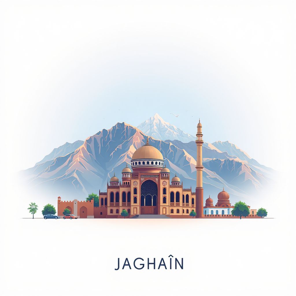 Ultra-high-definition gradient illustration style Jaghatu illustration, showing the unique charm of the Jaghatu Mosque and the surrounding mountains.