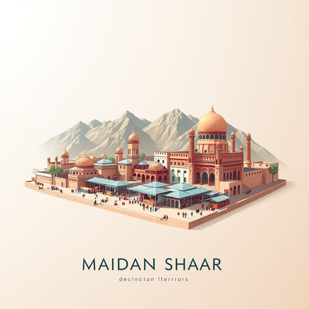 Ultra-high-definition gradient illustration style Maidan Shahr illustration, showing the unique charm of the Maidan Shahr Bazaar and the surrounding mountains.