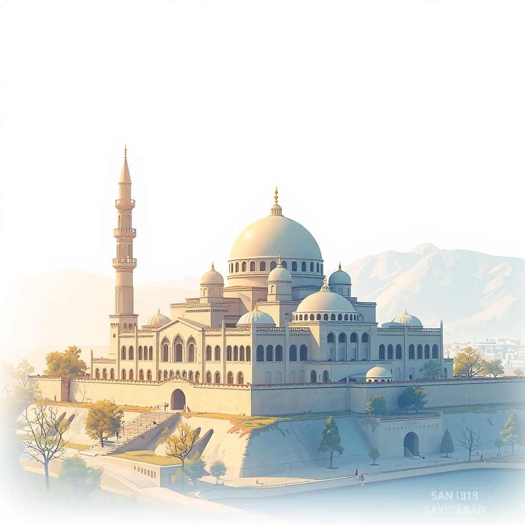 Ultra-high-definition gradient illustration style Sayyidabad illustration, showing the unique charm of the Sayyidabad Mosque and natural landscapes.
