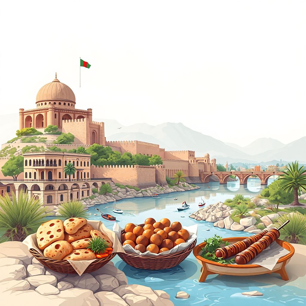 Ultra-high-definition gradient illustration style Kakar illustration, showing the unique charm of the Zabul River, the historic Zabul Fort, and local cuisine.