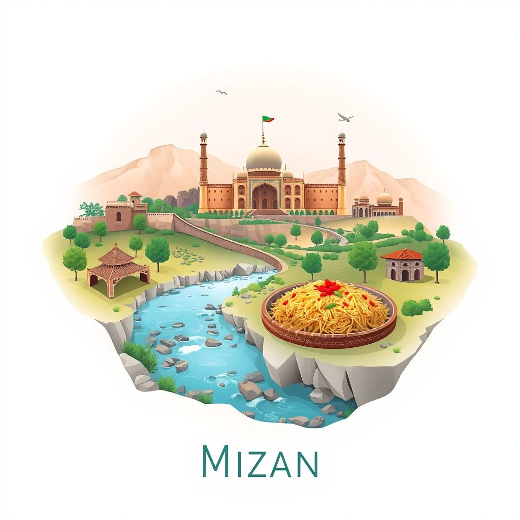 Ultra-high-definition gradient illustration style Mizan illustration, showing the unique charm of the historic Qala-e-Zafar, the scenic Arghandab River.
