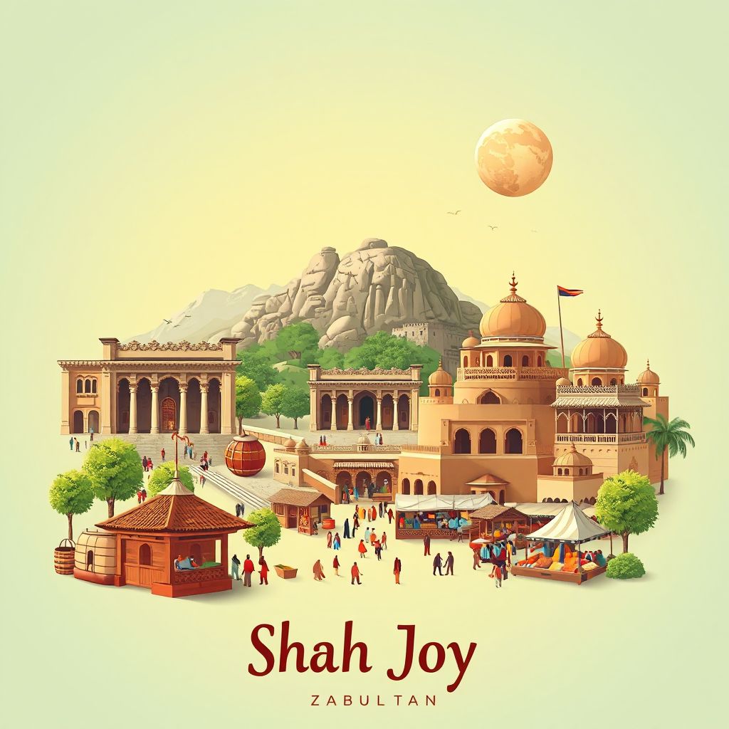 Ultra-high-definition gradient illustration style Shah Joy illustration, showing the unique charm of the ancient ruins of Zabul, the local bazaar, and traditional Afghan cuisine like Kabuli Pulao.