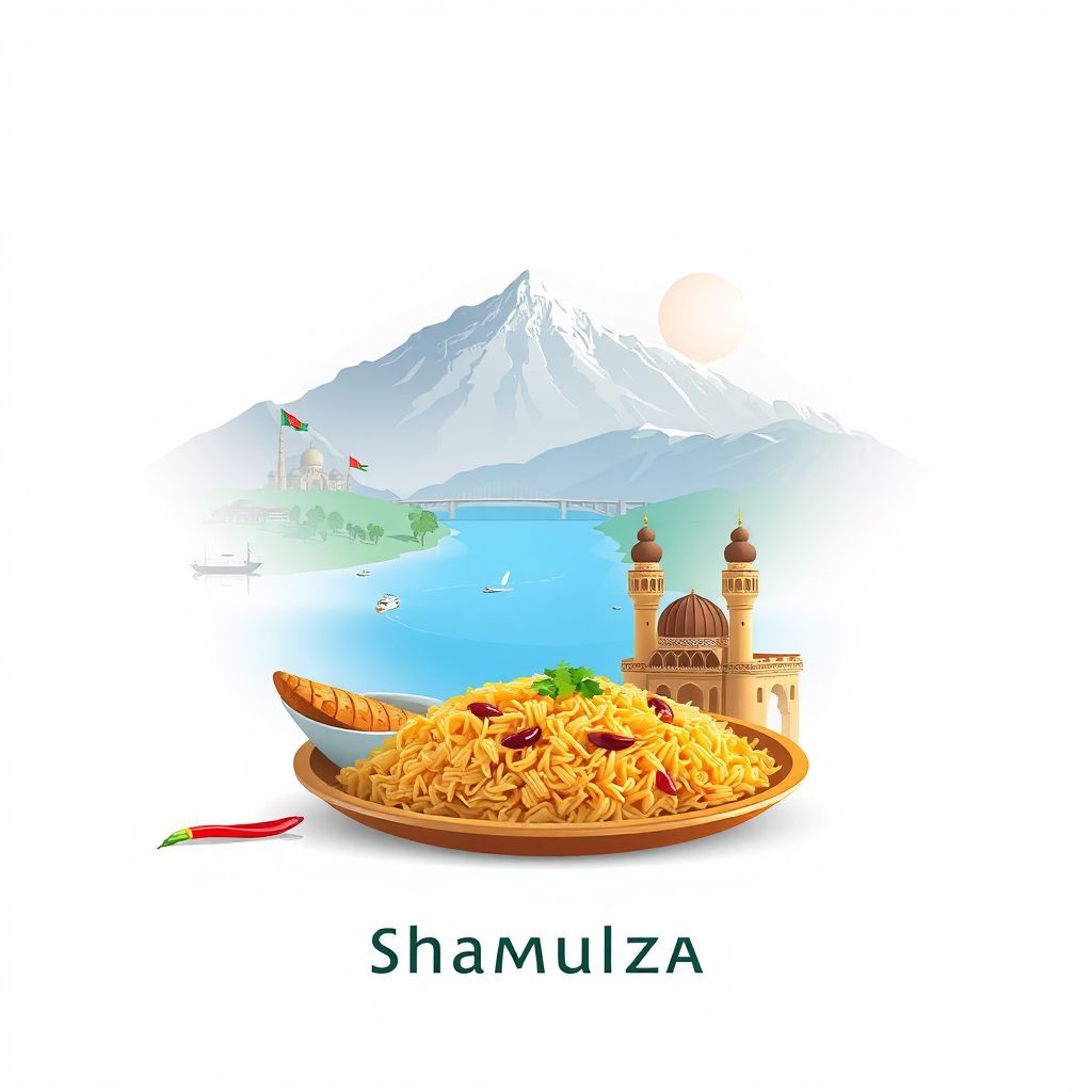 Ultra-high-definition gradient illustration style Shamulzai illustration, showing the unique charm of the Zabul River and Kabuli Pulao.