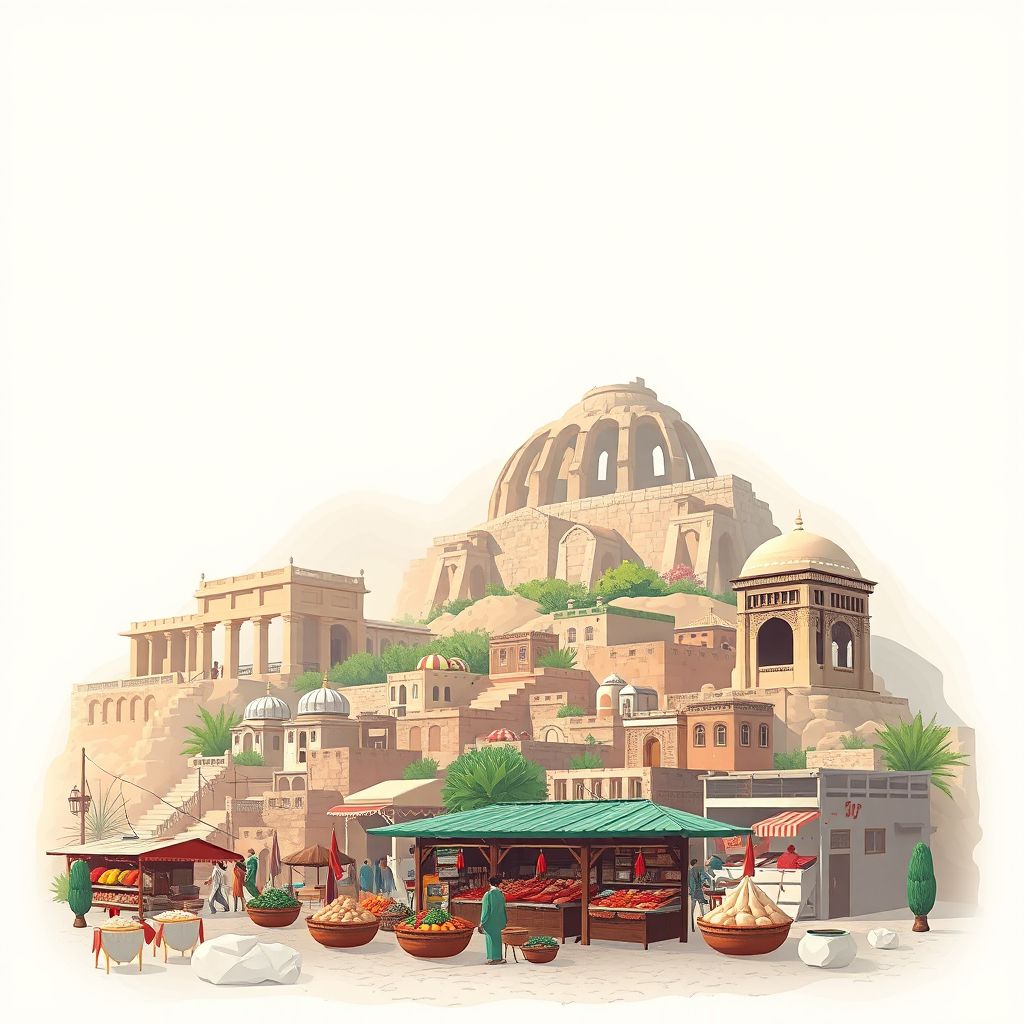 Ultra-high-definition gradient illustration style Tarnek wa Jaldak illustration, showing the unique charm of the ancient ruins of Zabul, the local bazaar, and traditional Afghan cuisine.